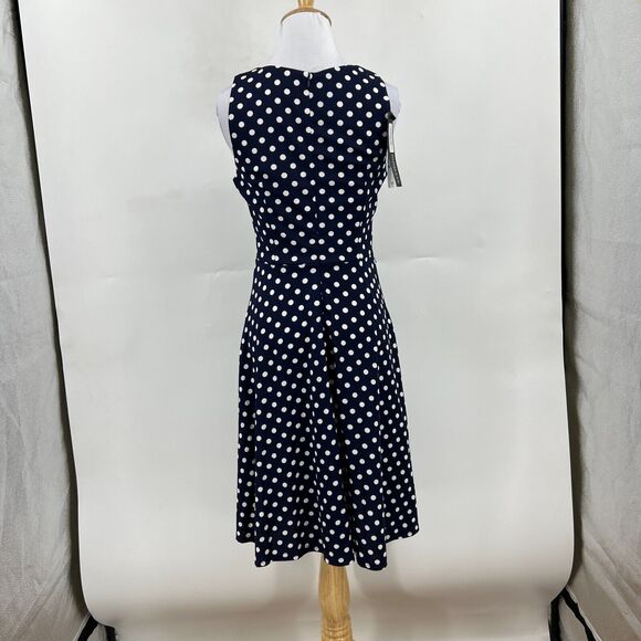 Homeyee Polka Dot Dress Womens 6 Navy Sleeveless Fit & Flare Floral Lace Detail - Picture 6 of 12